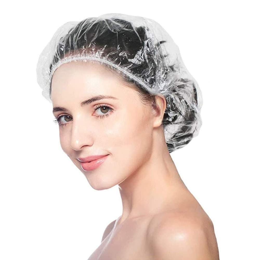 Shower Cap Disposable, 100 PCS Plastic Bath Caps Large Thick Clear Waterproof Plastic Elastic Hair Bath Caps for Women Kids Girls, Travel Spa, Hotel and Hair Solon, Home Use