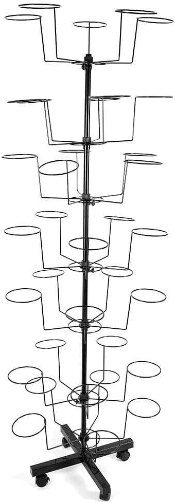 Gdrasuya10 7 Tier 35 Hooks Metal Hat Cap Rack Display Retail Rotating Adjustable Iron Durable Metal Floor Stand Hanger Wigs Holder Rotating Headwear Free Standing with 4 Wheel White Black (BLACK)