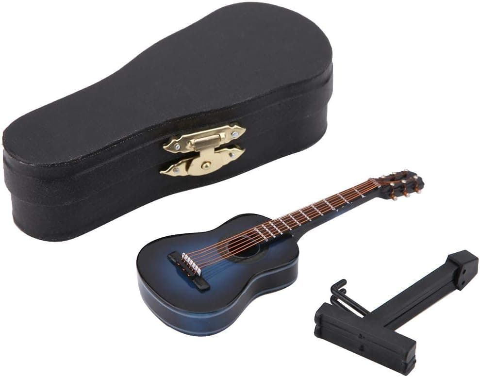 Miniature Guitar Model, Wooden Musical Instrument with Stand and Case, Small Craft Ornaments Gift, Blue, 3.9 * 1.4 * 0.4inch(#01)