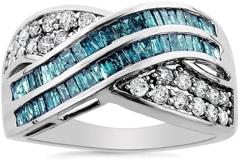 14K White Gold 1.00 Carat White And Treated Blue Diamond Crossover Ring (I-J, I1-I2) - Size 7
