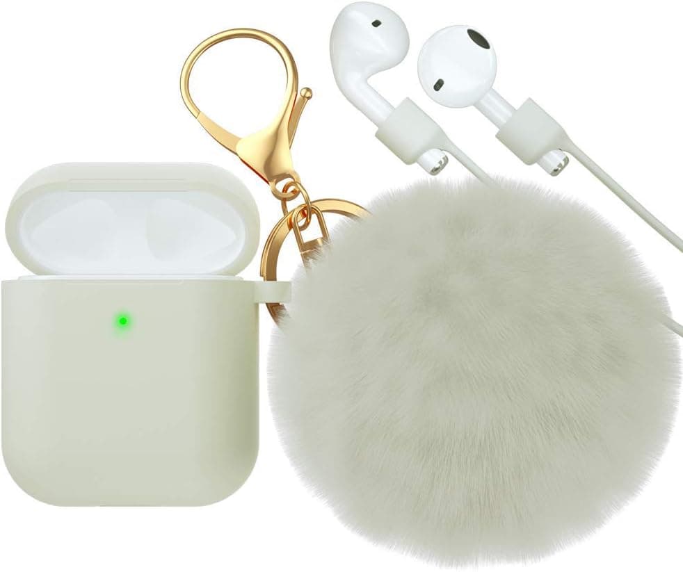 for Airpods Case, EPULY Soft Silicone Cute Airpods Case Cover with Fur Ball Keychain Compatible with Apple Airpods 2/1 (Front LED Visible)