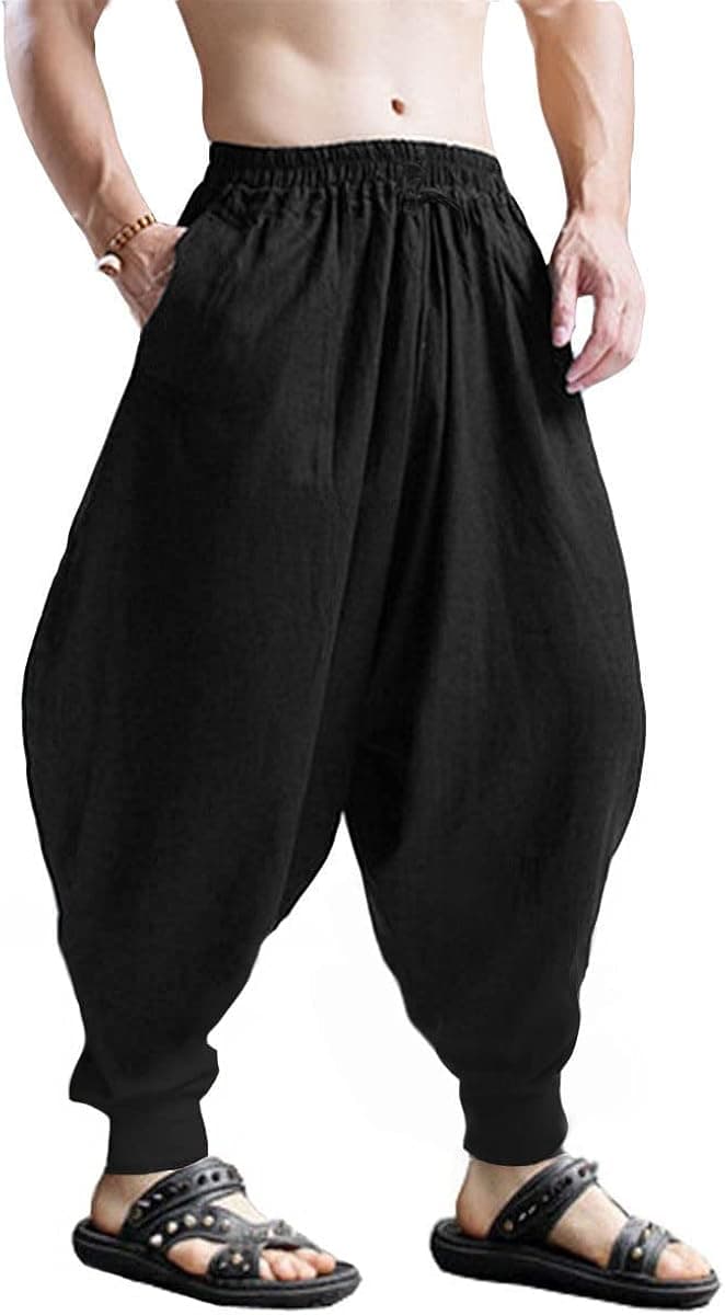 CLANMILUMS Men's Casual Harem Pants Baggy Boho Hippie Drop Crotch Trousers