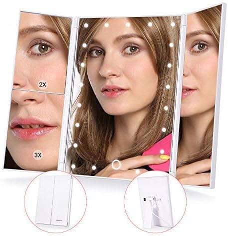 MelodySusie Makeup 21 Led Vanity Mirror with Lights-1x/2x/3x Magnification,Touch Screen Switch, 90 Degree Rotation,Dual Power Supply，Portable Trifold Cosmetic Mirror for Home Tabletop Bathroom