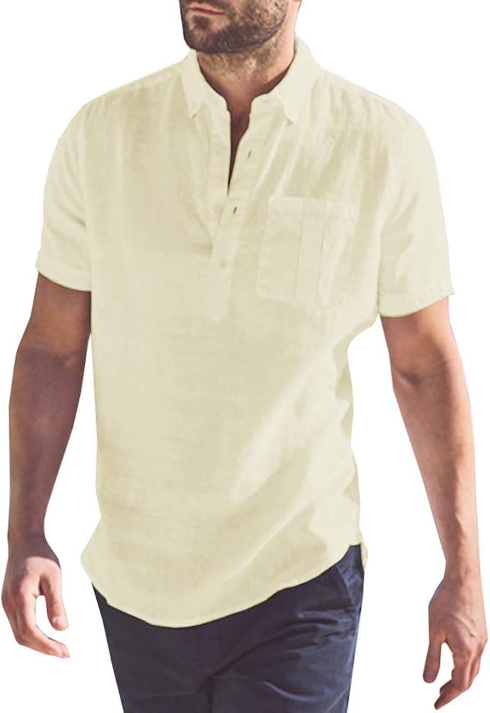 PASLTER Mens Linen Shirts Short Sleeve Henley Cotton Casual Polo T-Shirts Summer Beach Shirts