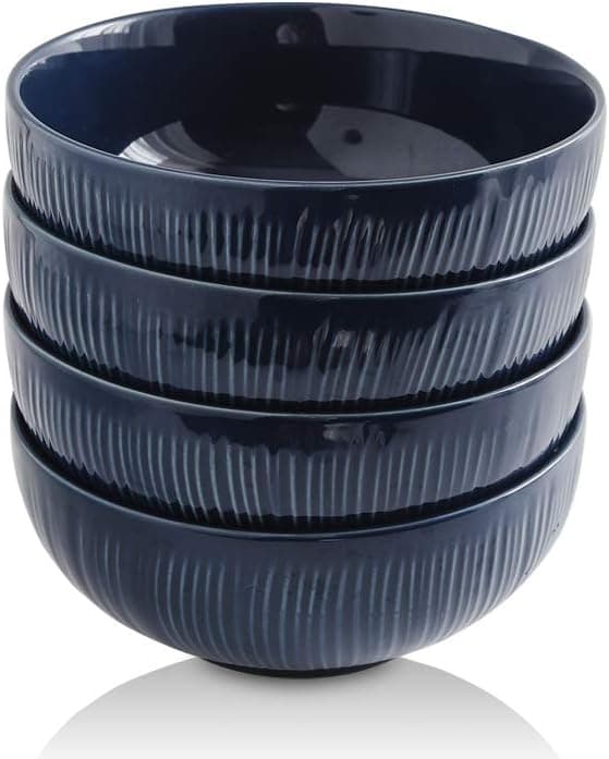 KOOV Porcelain Cereal Bowls Set, 34 Ounce Ceramic Soup Bowls, Large Bowl As Ramen Bowls, Salad Bowls, For Oatmeal, Chip, Set of 4, Irregular Striped Series (7 inch, Aegean)