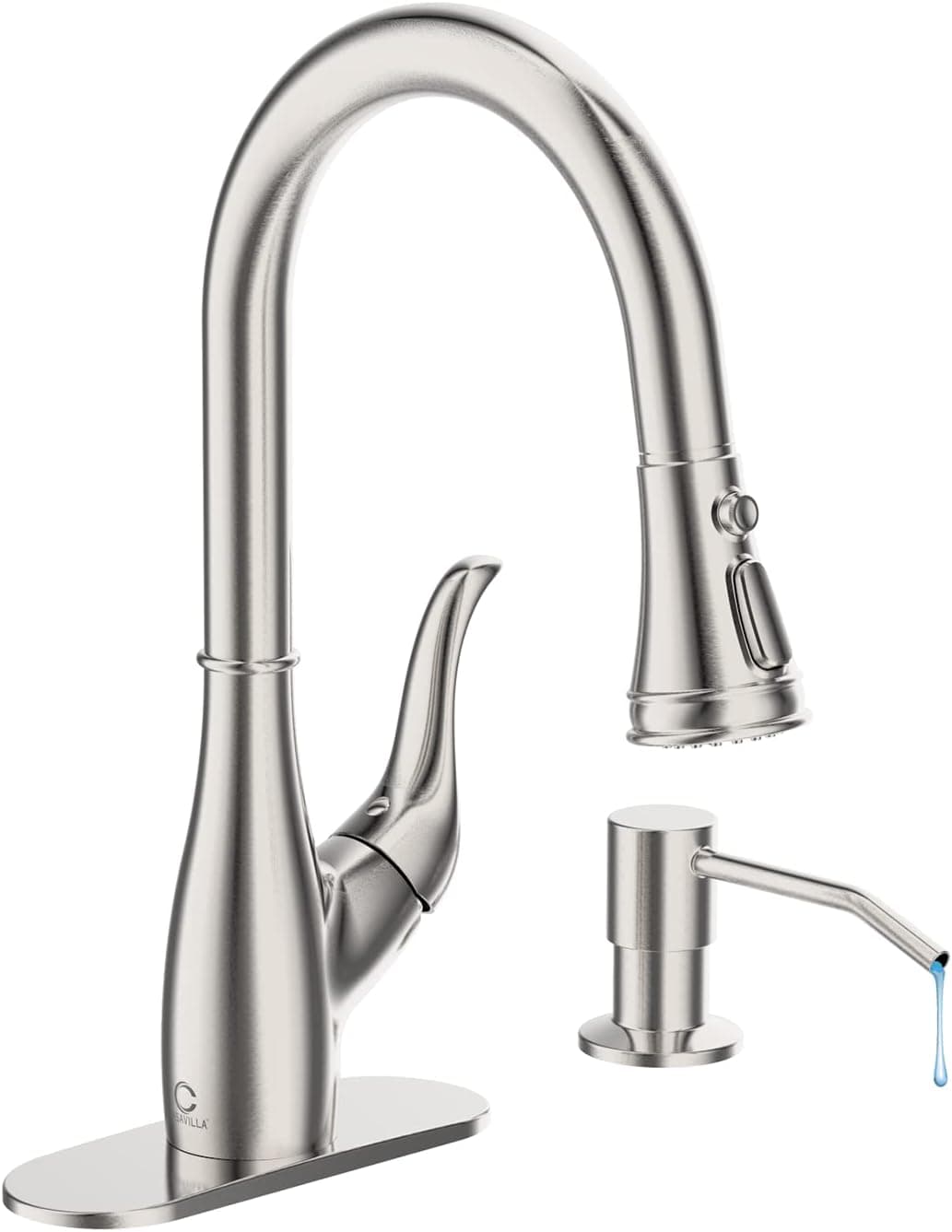 Casavilla Kitchen Faucet with Soap Dispenser, Faucet for Kitchen Sink, Single Handle Stainless Steel Kitchen Sink Faucets with Pull Down Sprayer and Deck Plate, RV Sink Faucet, Nickel Brushed