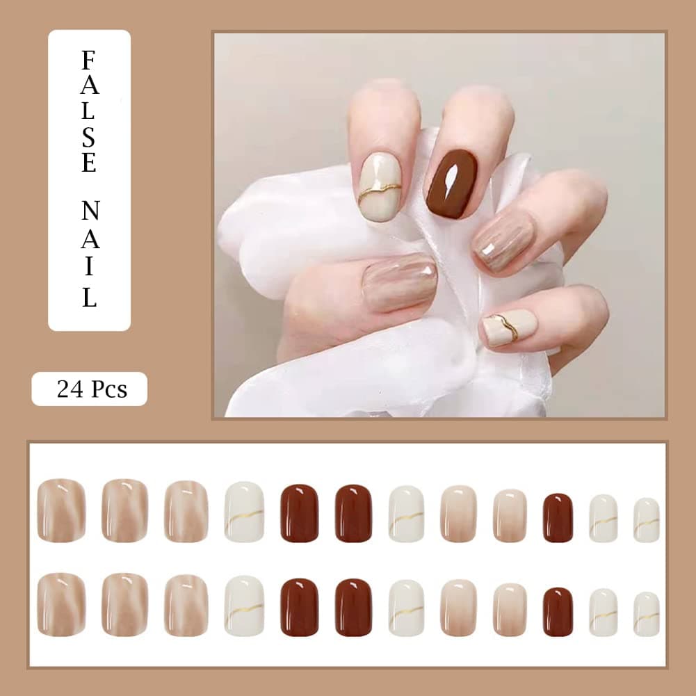 Fall Press on Nails Short Glossy Brown Fake Nails Acrylic False Nails Nude Glue on Nails with Designs Stick on Nails Full Cover Static Nails for Women 24Pcs
