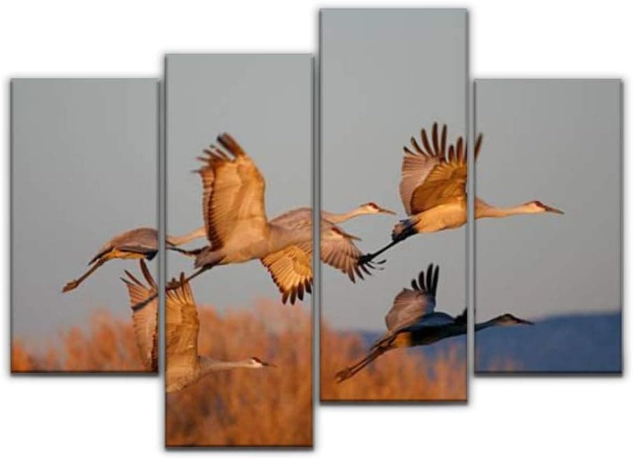 Sudoiseau Wall Art Painting Sandhill Cranes in The Sunset Migration Animals and Pictures Pictures Canvas Prints Poster Oil Paintings Landscape Paint Modern Home Decor Artwork Gift, 4 Panels
