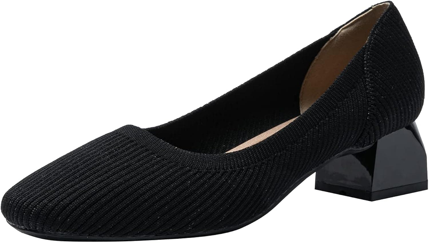 Women Pumps Chunky Heel Classic Knit Square Toe Pumps Shoes Slip On Casual Dress Shoes
