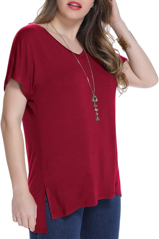 JollieLovin Women's Short Sleeve T Shirt V Neck Loose Tops with Side Split (Wine Red L)
