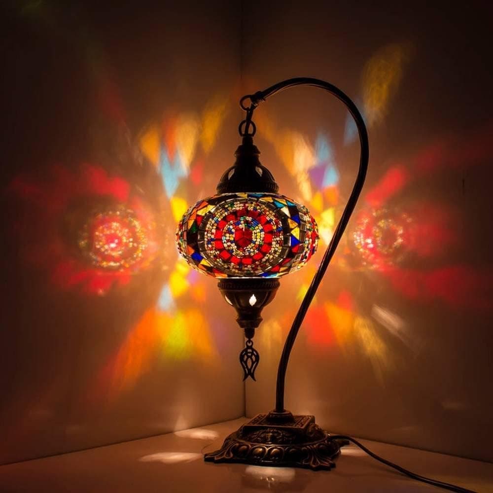 Sori Turkish Moroccan Mosaic Lamp Light, Turkish Lamp, Handmade Mosaic Glass Swan Neck Table Lamp (KARALP001)
