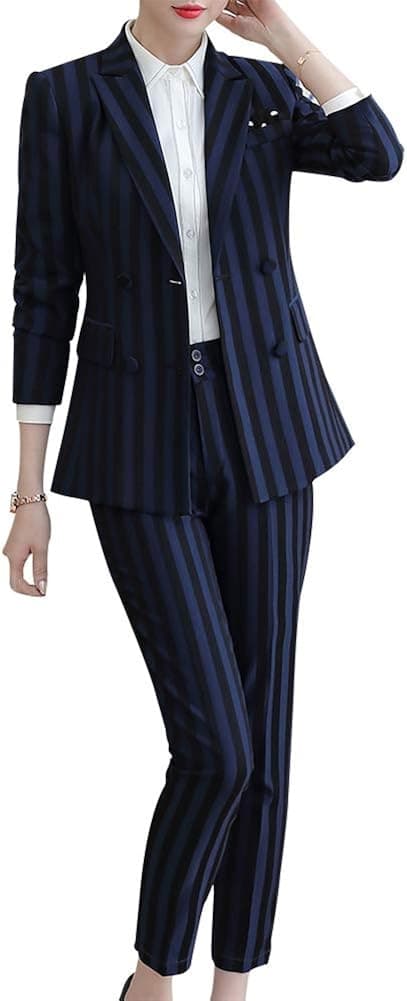 Women’s Business Two Piece Plaid Blazer Sets Double Breasted Office Work Blazer Jacket Pantsuits