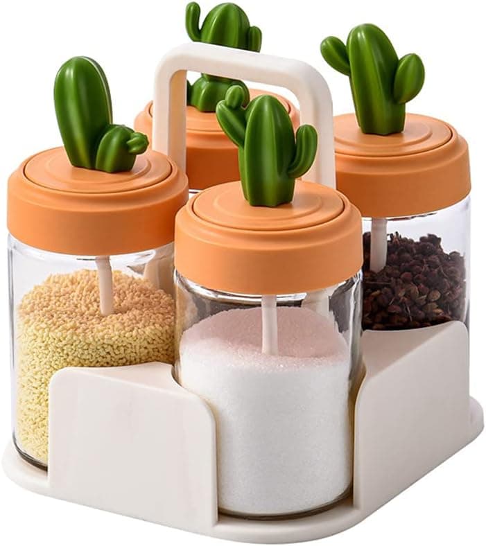 ESD HSDMYSH Condiment Storage, Condiment Tray 4 Pack Spice Jars Condiment Bottle with 4 Small Spoons for Condiments Seasoning Box for Coffee Salt Sugar Spices and Pepper