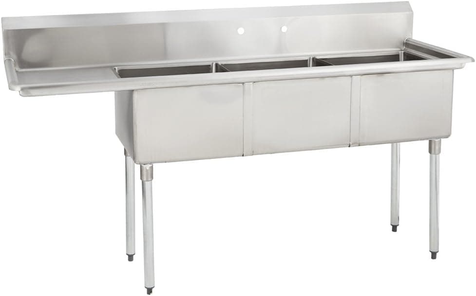 Fenix Sol 18G-3C18X24-L18 Three Compartment Stainless Steel Sink, Bowl: 18"L x 24"W x 12"D, Overall Size: 74.5"L x 29.8"W x 43"H, 1 x 18" Left Drainboards, Galv Legs, NSF Certified