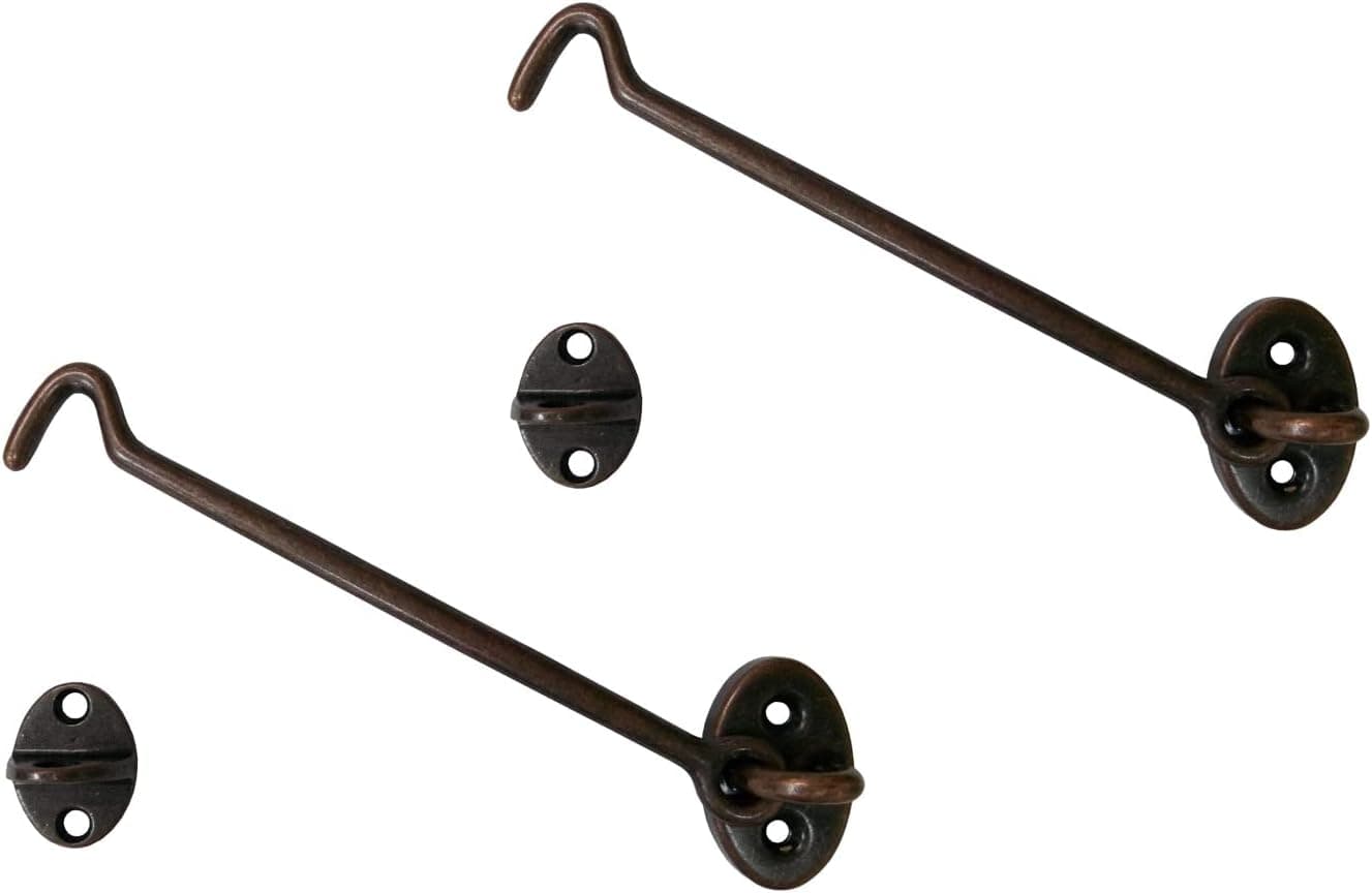QCAA Heavier Duty Solid Brass Door Hook Latch & Eye, 6", Antique Copper, 2 Pack