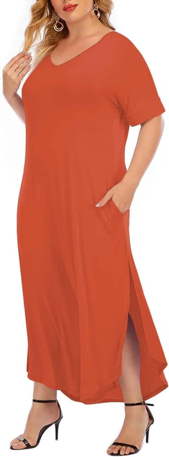 GXLU Women's Plus Size Summer Maxi Dresses Short Sleeve Casual Loose Plain Floral Print Split Long Dress with Pockets