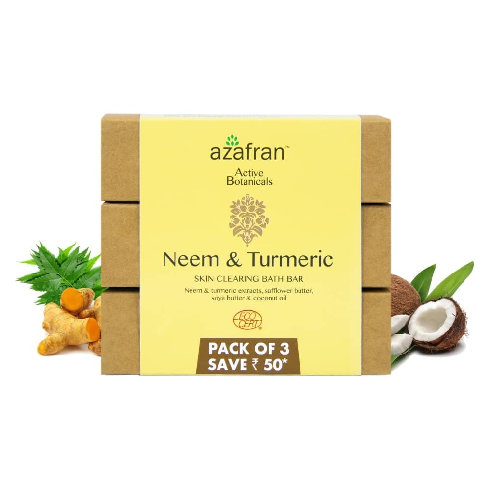Azafran Neem & Turmeric Skin Clearing Bath Bar, Pack Of 3, Handmade For Deep Cleansing, Free Sensitive Skin Care For Oily and For Both Body Wash and Face Wash