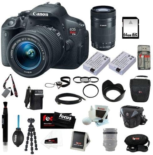 Canon EOS Rebel T5i 18.0 MP CMOS Digital Camera with EF-S 18-55mm f/3.5-5.6 IS STM Zoom Lens and Canon EF-S 55-250mm f/4-5.6 IS STM Lens plus 64GB Deluxe Accessory Bundle