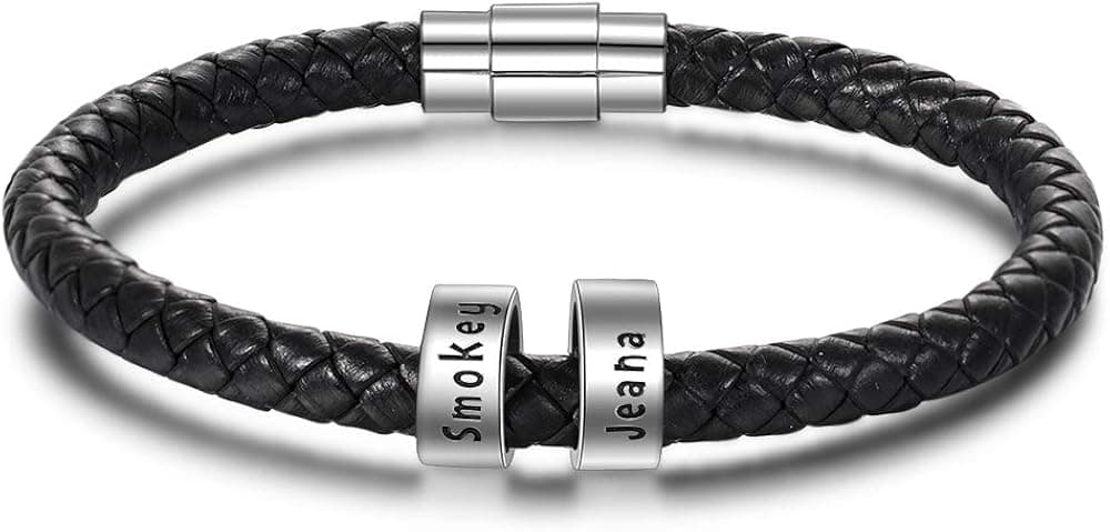 FenFang Personalized Mens Leather Bracelet with Beads Bracelets for Men Custom Name Bracelet Engraved Bracelet with Charm Beads for Fathers Day Christmas Gift (1-6 Beads)