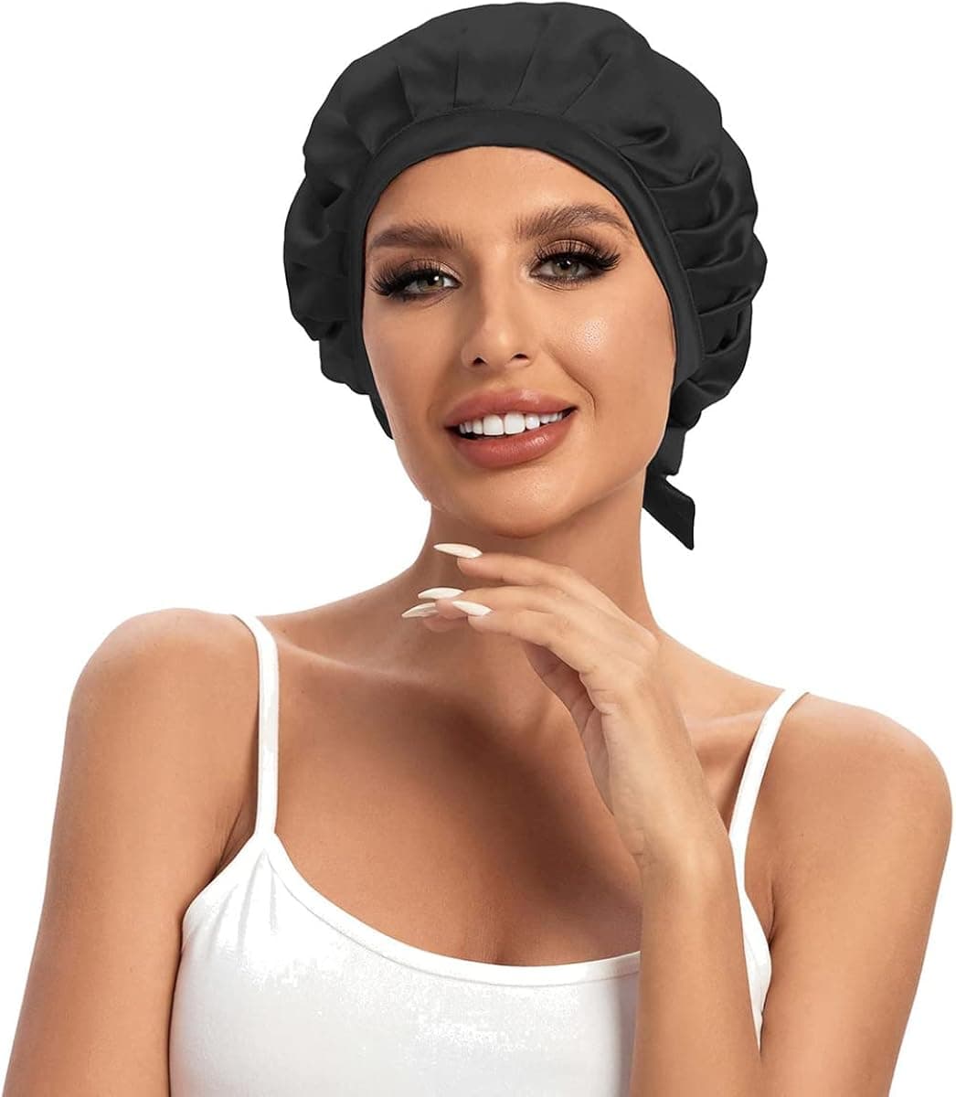 Cocheng 100% Mulberry Silk Bonnet for Sleeping Double Layer Silk Sleep Cap with Tie Band 19 Momme Breathable Silk Hair Bonnet