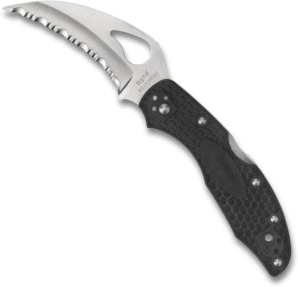 Byrd Lightweight Knife - Black FRN Handle with SpyderEdge, Hollow Grind, 8Cr13MoV Steel Hawkbill Blade - BY22SBK