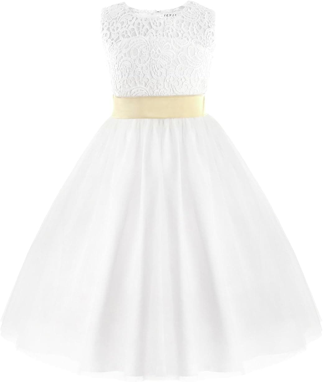 iiniim White Flower Girls Dress Kids Pageant Wedding Bridesmaid Dress, Back Hollow Heart Shape