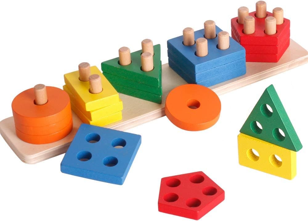 WISBABY Montessori Toys for 1 2 3 Year Old Boys and Girls ,Wooden Sorting & Stacking Toy for Toddlers Learning Toys,Educational Toys,Shape Sorter and Color Stacker Preschool Kids Wood Gifts