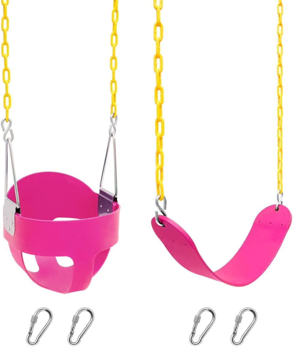 Tgzwme 2 Pack High Back Full Bucket Swing and Swings Seats Heavy Duty with 70.87" Chain Plastic Coated, Playground Swing Set Accessories Replacement with Snap Hooks for Kids Adults Playground (Pink)