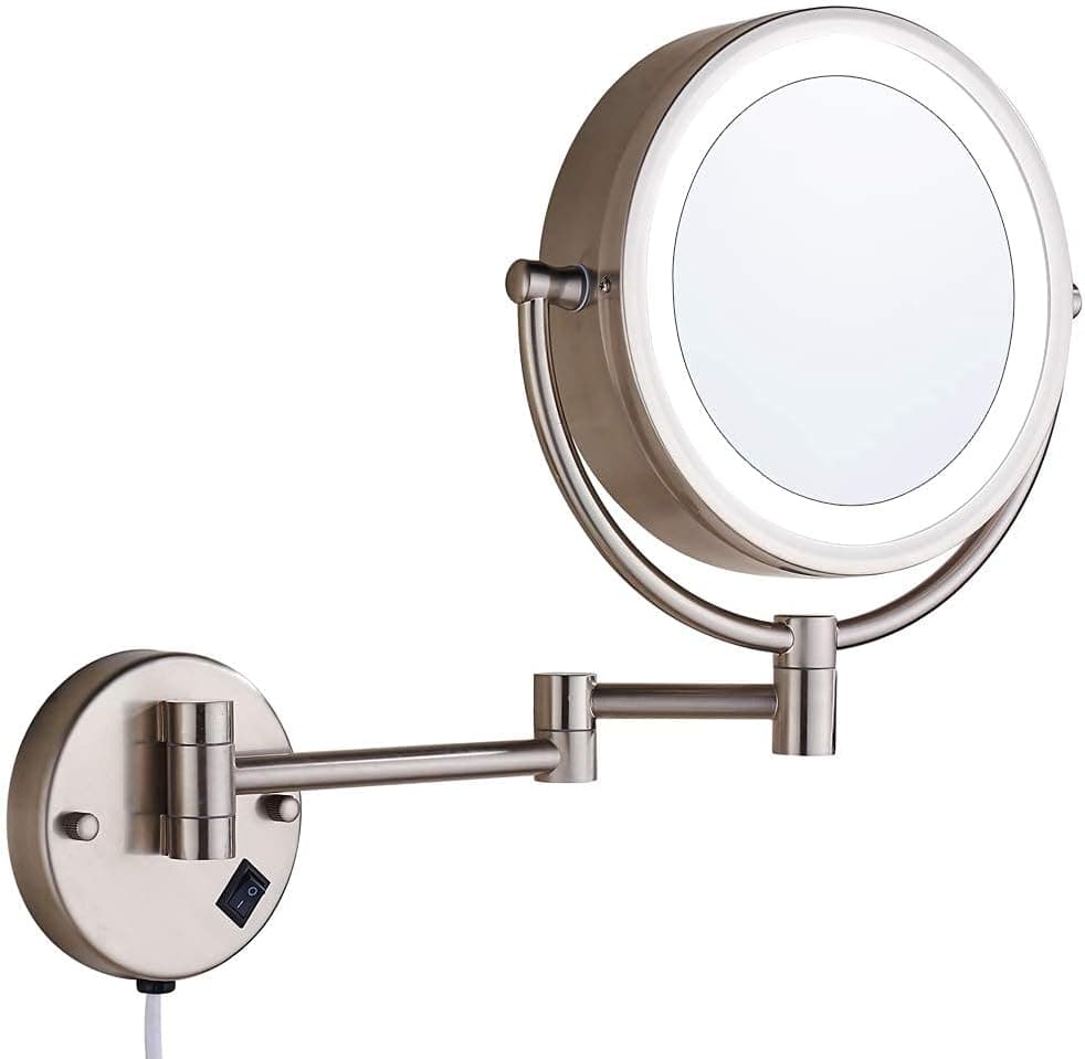 SANLIV Magnifying Makeup Mirror with Lights,Wall Mounted 360° Swivel Vanity Shaving Mirror,8.5 Inch Lighted Cosmetic Mirror with 1x/10x Magnification, Brushed Nickel