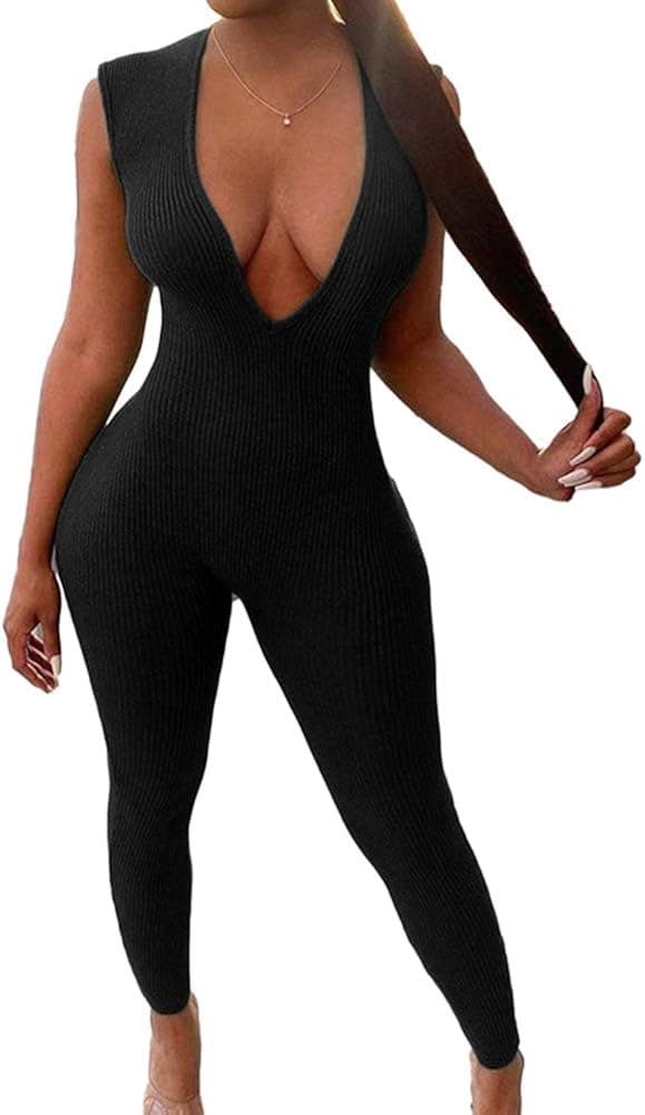 Beautiyou Womens Knitted Bodycon Sports Jumpsuit Sleeveless Ribbed Tank Romper Gym Playsuit