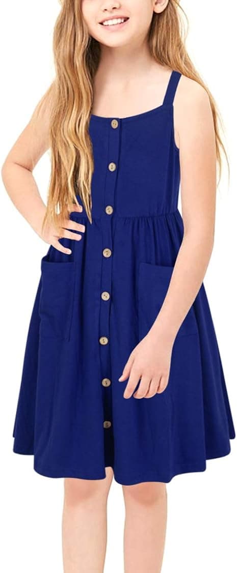 GORLYA Girl's Long Sleeve Button Down Casual A-Line Midi Dress with Pockets for 4-12 Years Kids