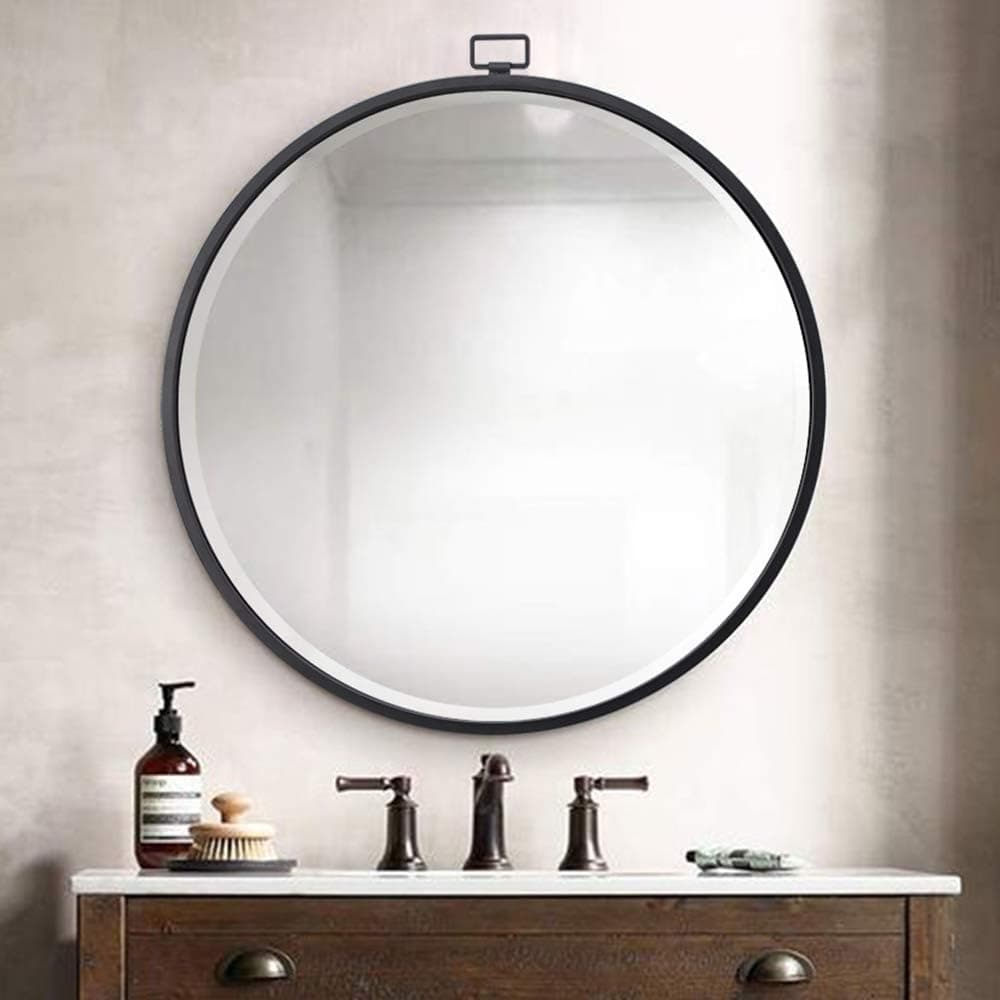 Chende Frosted Black Round Mirror with Metal Frame, 32''X30'' Large Decorative Wall Mirror for Washroom, Modern Accent Mirror with Beveled Edge for Living Room, Foyer, Fireplace