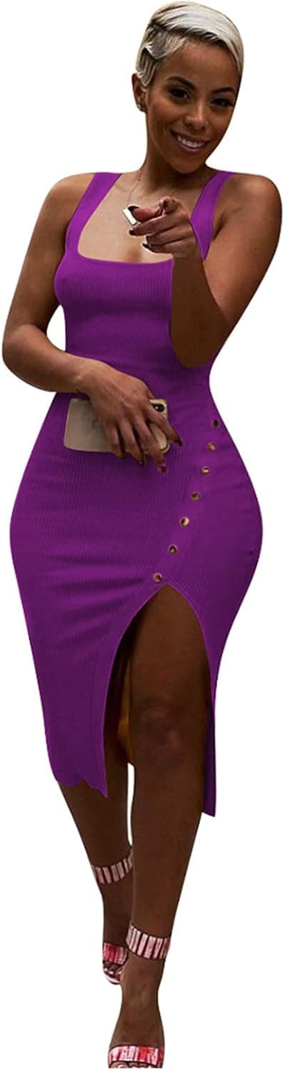 Salimdy Womens Sexy Soild Sleeveless Strap Tank Ribbed Buttons Side Split Bodycon Irregular Long Pencil Midi Dress
