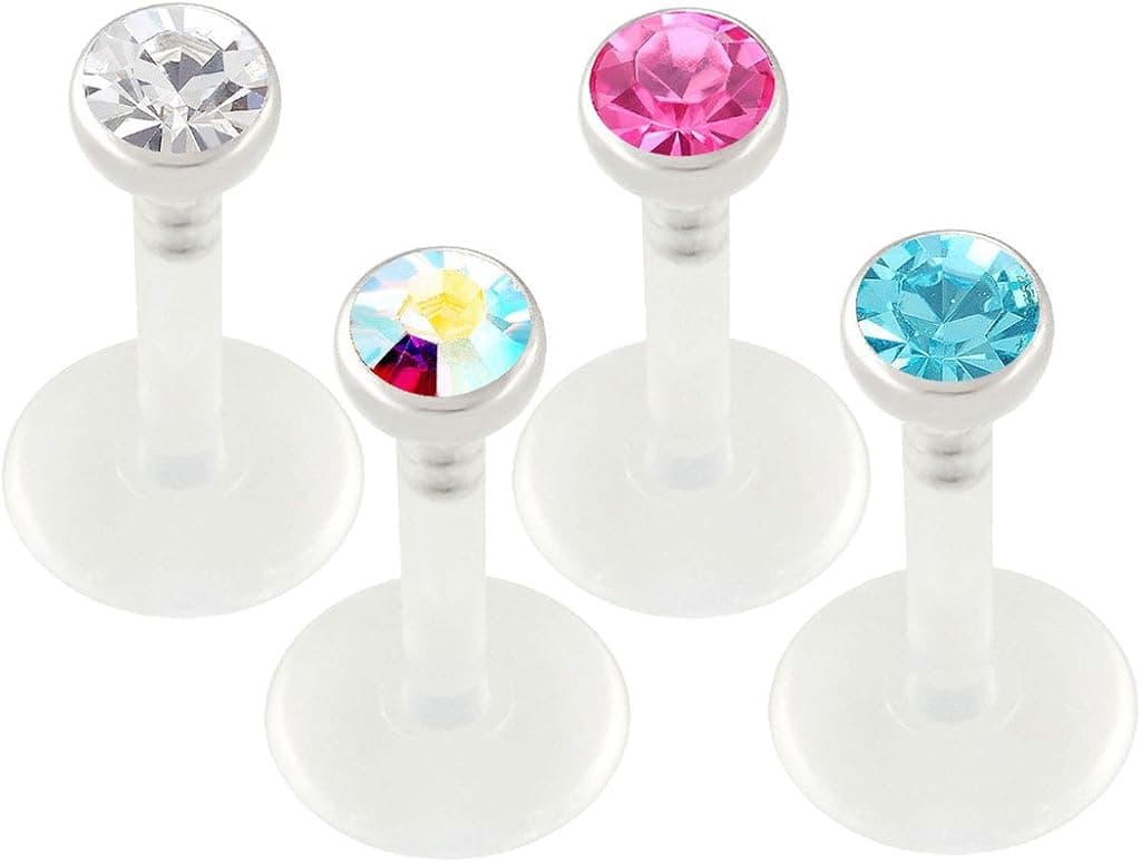 bodyjewellery 4pcs 16g 1/4 Labret Studs Lip Conch Bioflex Push in Internally Threaded Monroe Ring Tragus Marilyn Snake Bites CA Pick Color