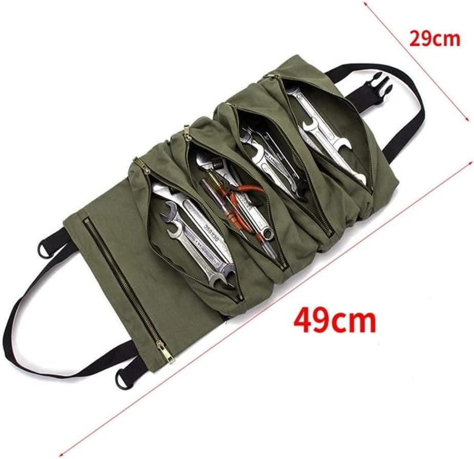 Tool Roll Up Pouch,5 Zipper Multi-Purpose Oxford Wrench Canvas Roll Up Bag ,Tool Pockets,Hanging Tool Zipper Carrier Tote,Khaki