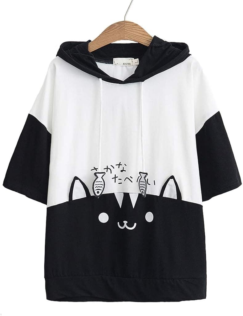 YunPeng Women Girl Hoodie T-Shirt Japanese Cartoon Cat Harajuku Short Sleeve Tops Tees
