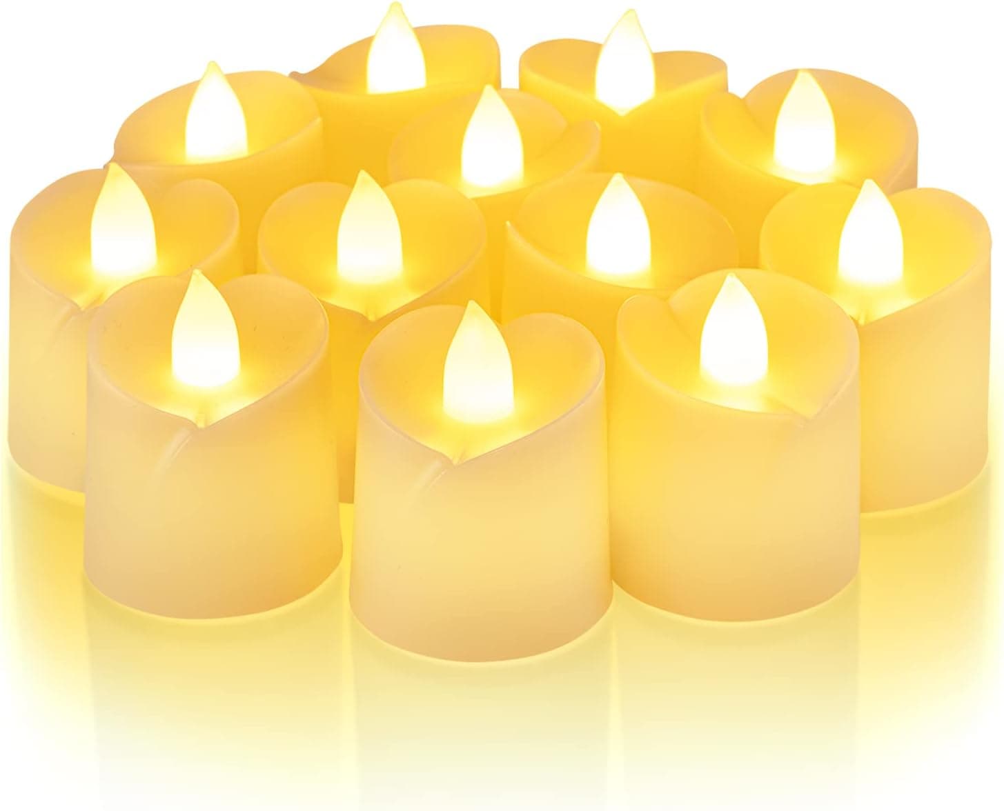 Homemory 12Pack Timer Led Votive Tealight Candles, Heart Shape Long Lasting Flickering Battery Operated Fake Candles for Christmas, Home, Valentine's Day Decorations (Ivory Base, Soft White)