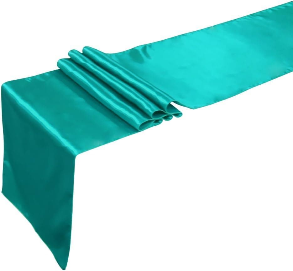 Ling's moment 12 x 108 Inch Satin Teal Blue Table Runner, Pack of 10, for Wedding Banquet Decorations, Bridal Shower, Christmas, Birthday, Graduation, Prom, Party Table Decor