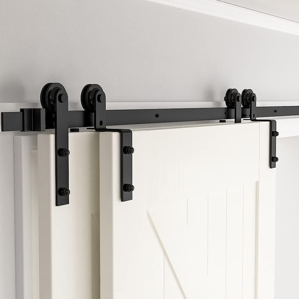 skysen 6.6FT Heavy Duty Sliding Barn Door Hardware Single Track Bypass Double Door Kit Black(Bypass I Shape-1)