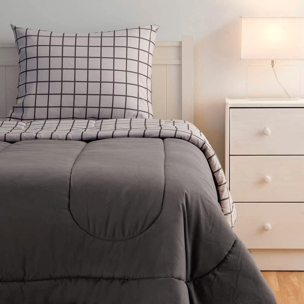 Dawn All-U-Need Bed-in-a-Bag Comforter Set | Twin/Twin XL | 3-Piece Bedding Bundle with Reversible Comforter, Fitted Sheet and Pillowcase(s) | Grey & Grid | Velvety Soft Microfiber