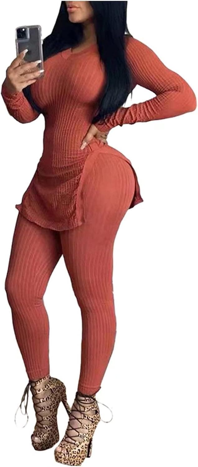 OLUOLIN Women Two Piece Outfits Ribbed Knit Top & Pants Sets Long Sleeve Solid Color Tracksuit