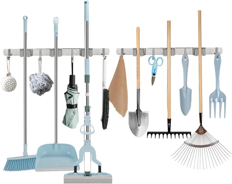 VonLux Mop and Broom Holder Wall Mount 2 Pack, Stainless Steel Broom Organizer Mop Hanger Wall Mounted, Heavy Duty Self Adhesive Broom Hanger Storage Rack for Kitchen Garden Garage (3 Racks 4 Hooks)