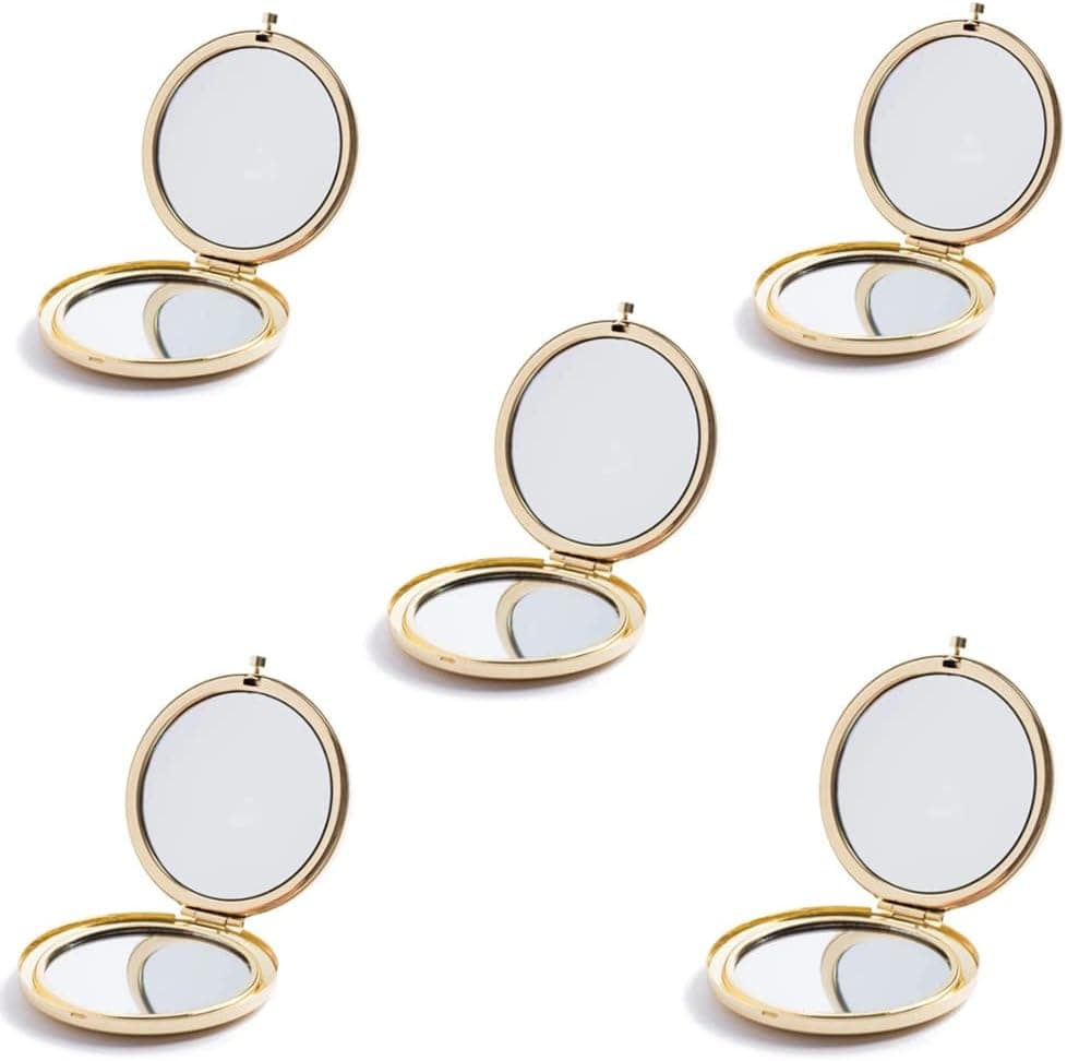 Mpowtech 5 Pack-Magnifying Compact Mirror Bulk,2 x 1x Magnification,Double Sided Compact Cosmetic Handheld Mirror Travel Makeup Mirrors,Perfect for Purse, Pocket and Travel (Gold)