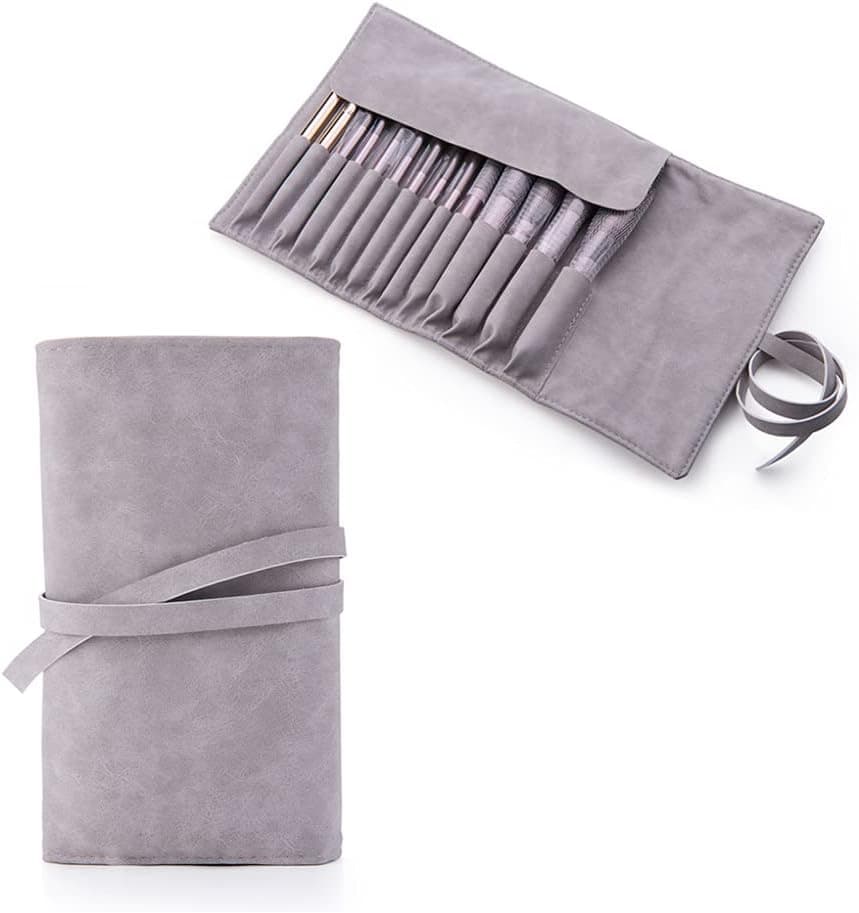 JAMEND CLXP 14 Pockets Makeup Brush Travel Rolling Case Gray Waterproof Cosmetic Travel Bag Brushes Pouch Holder, Premium Leather Brush Organizer with Belt Strap for Women Girls, NO BRUSHES.
