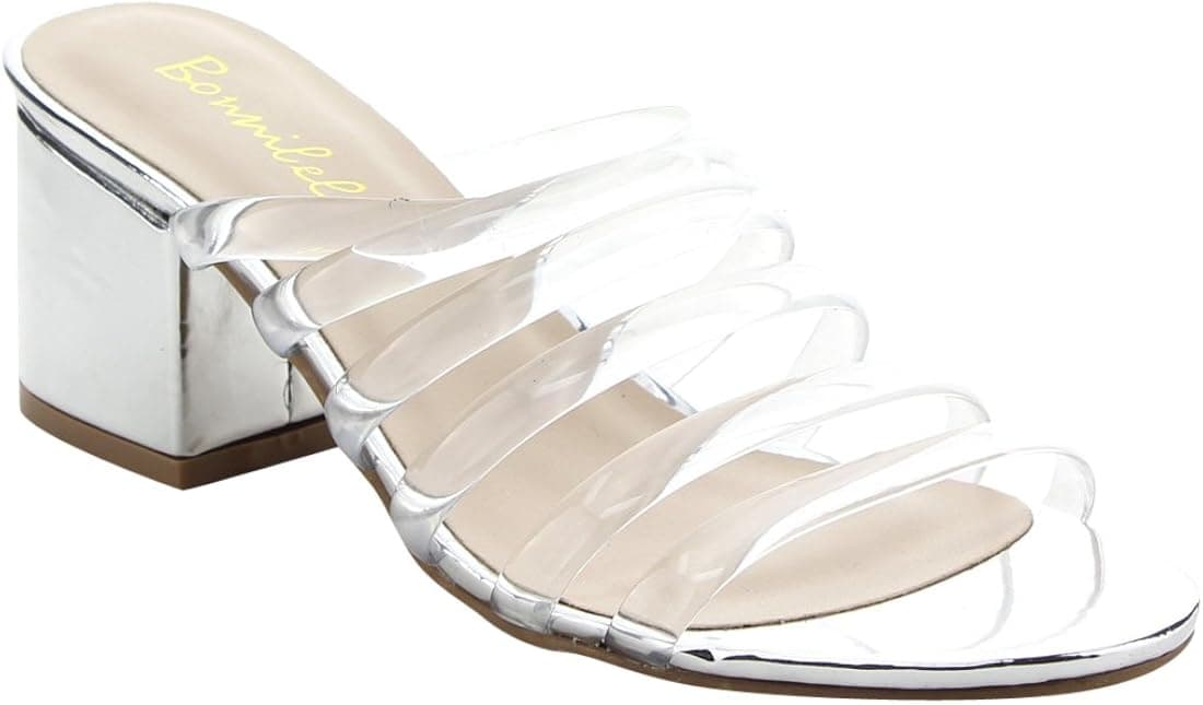 Bonnibel FJ65 Women's Block Heel Slip On Clear Strap Slides Sandals Silver