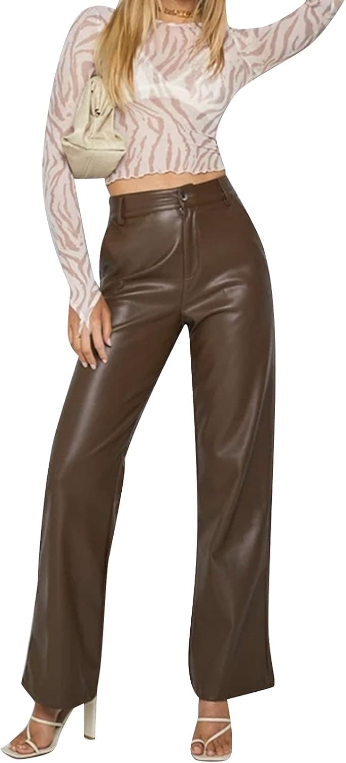 NUFIWI Women's Faux Leather Pants High Waist Straight Wide Leg PU Legging Casual Solid Color Trousers with Pockets