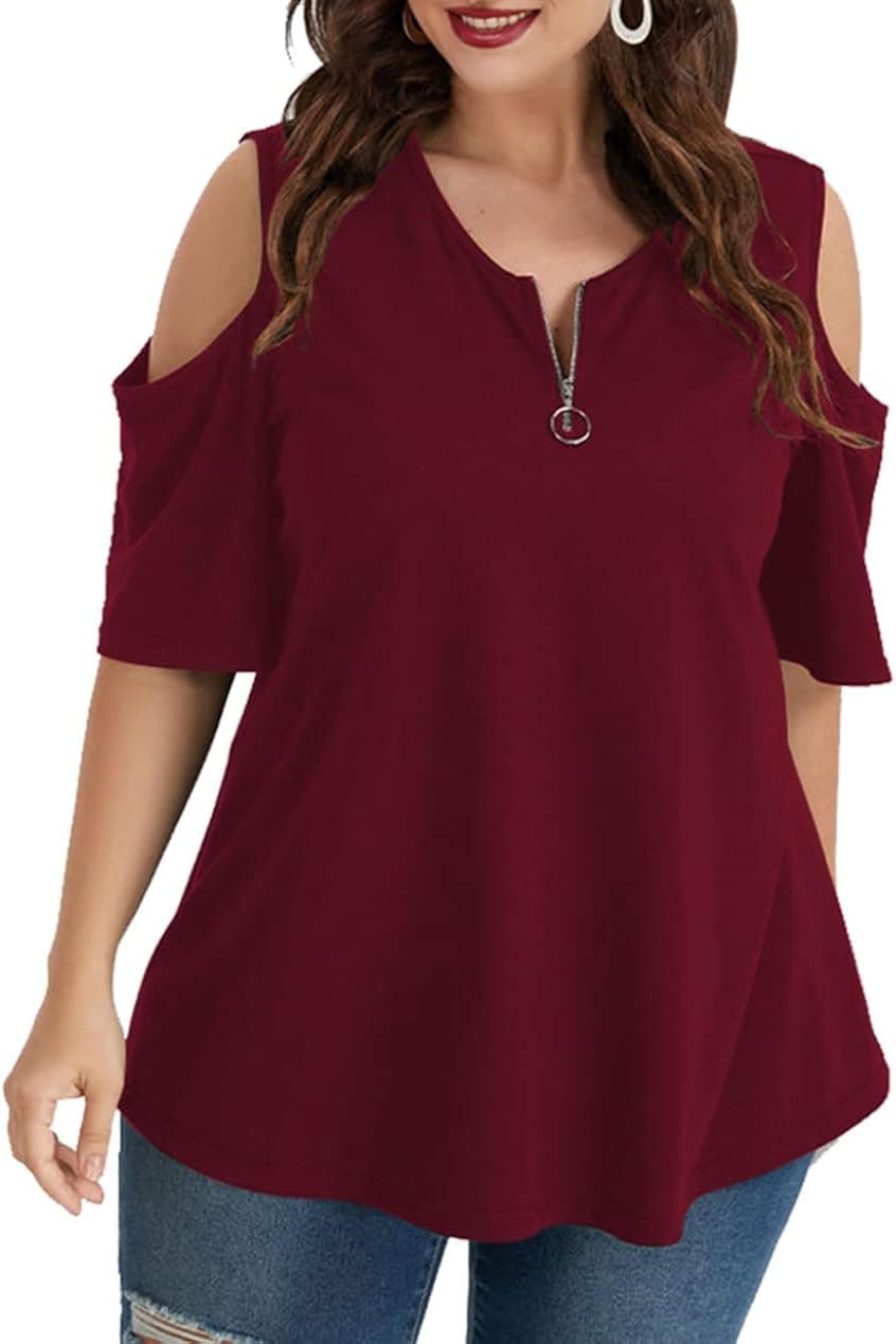 AMCLOS Plus Size Tops for Women Solid Zipper Cold Shoulder T-Shirt Casual Blouse Tunics Summer