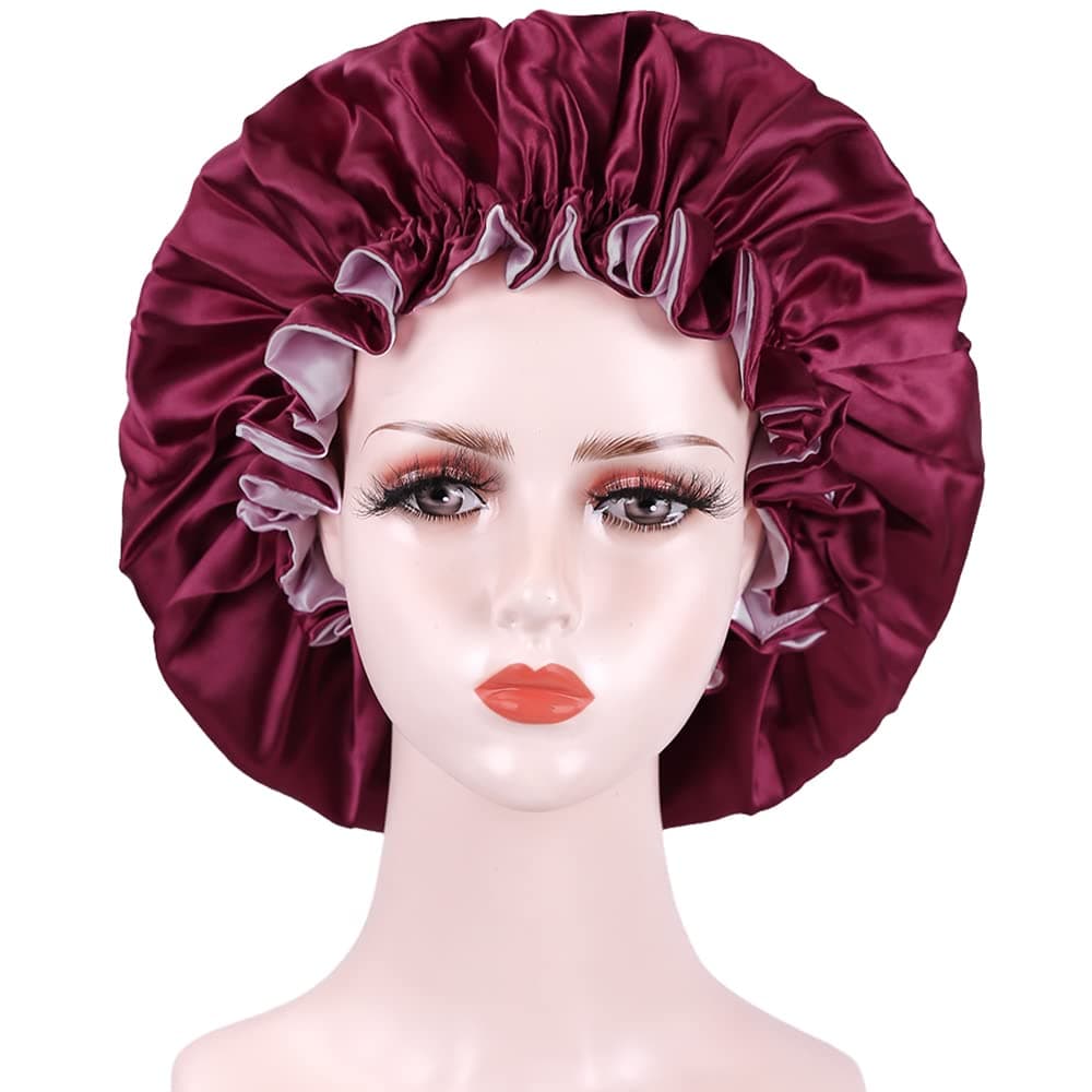 Silk Bonnet for Curly Hair, Double Layer Reversible Silk Hair Bonnet for Sleeping, Satin Bonnets for Black Women, Sleeping Bonnets for Women Curly Hair (Wine)