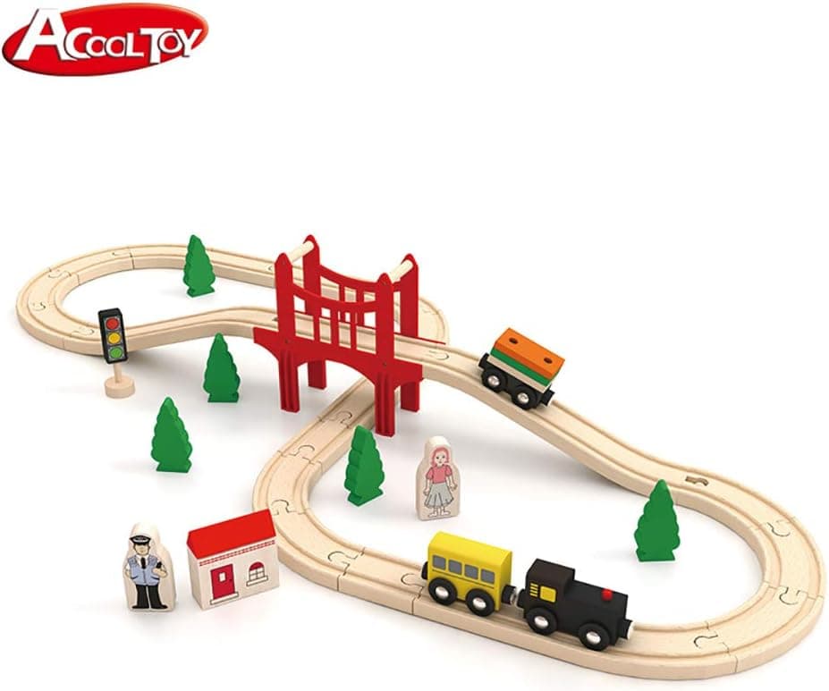 ACOOLTOY Train Track Wooden Train Sets Toy Rail Car Track Pack with Bridge Fits Wooden Railway System