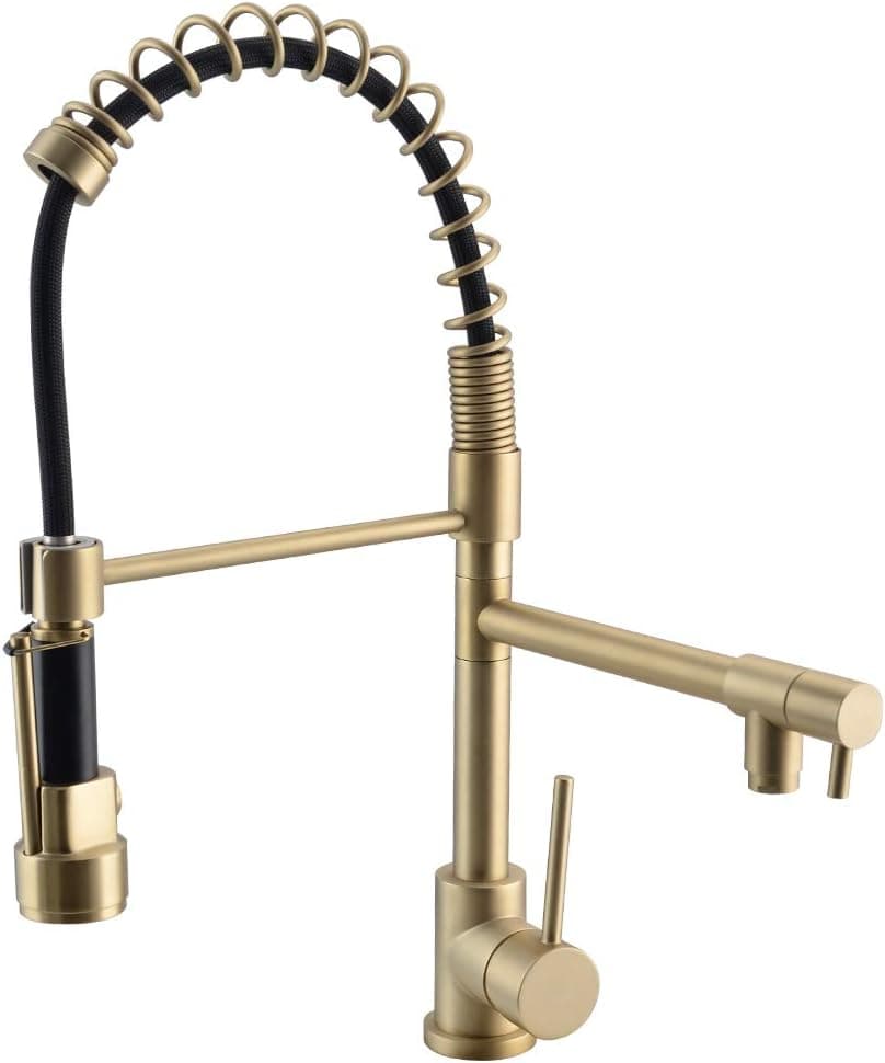 SHAMANDA Commercial Style Pre-Rinse Kitchen Faucet, 2-Function High Arc Kitchen Sink Faucet with Pull-Out Spring Spout and Pot Filler, Brushed Gold, L401S40-3